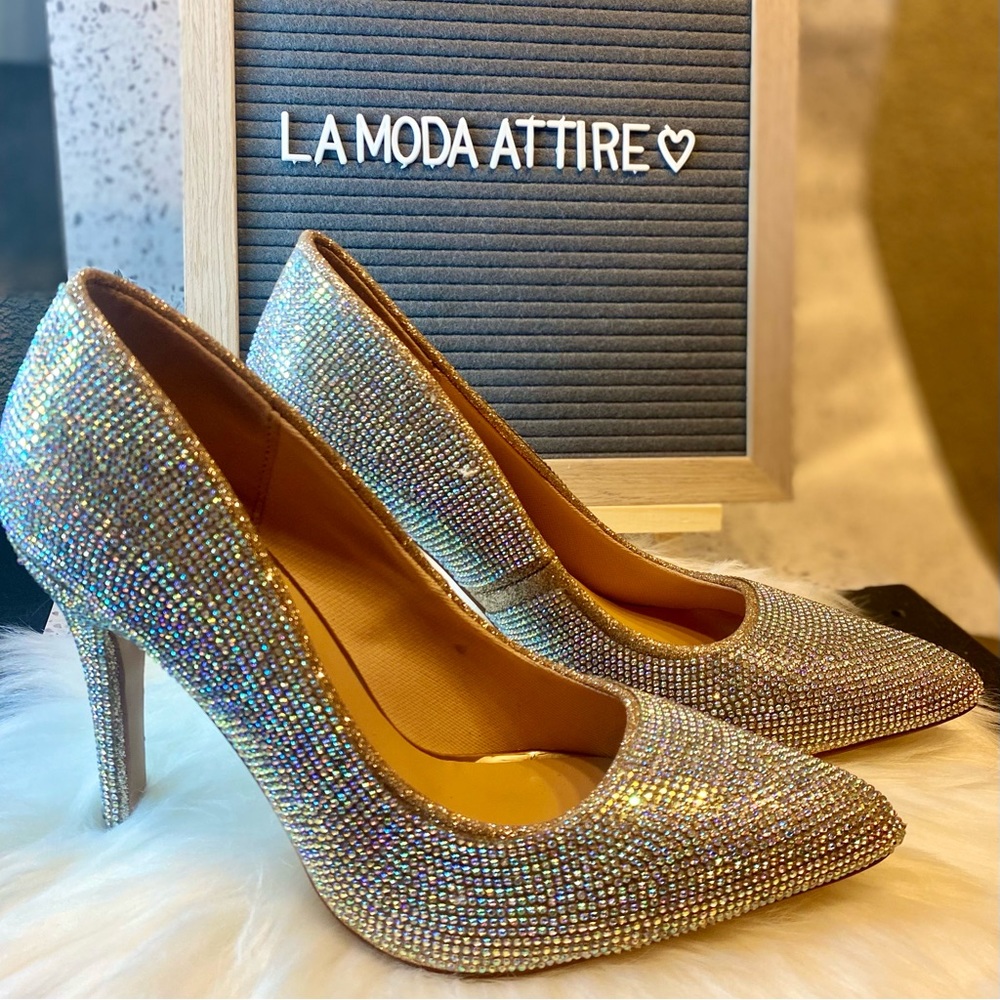 Crystal-Embellished Silver Pointed-Toe Stiletto Heels